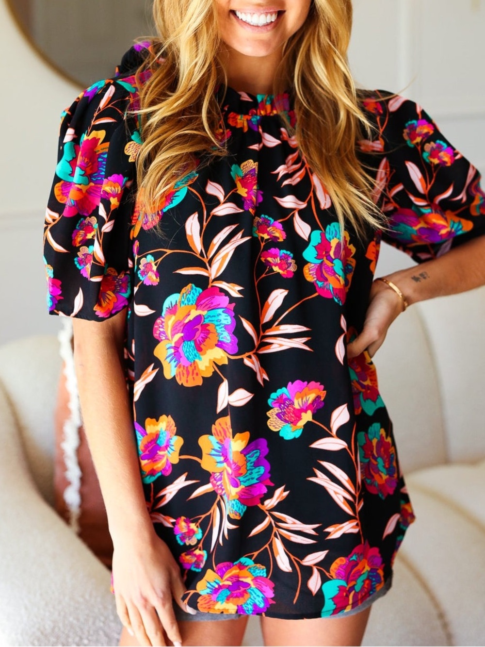 Haptics Black Floral Short Sleeve Blouse with Vibrant Multi-Color Print Sz M